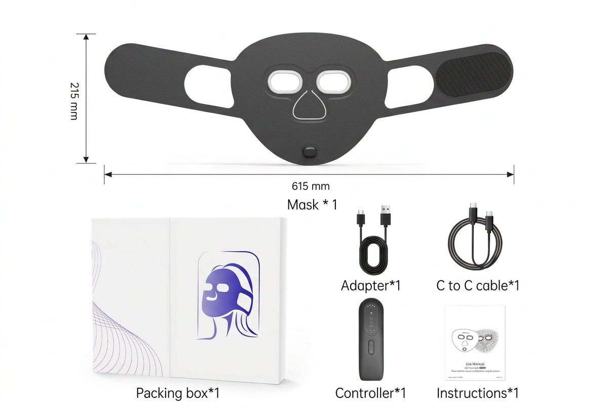 Red Light Mask in Black, with what's in the box