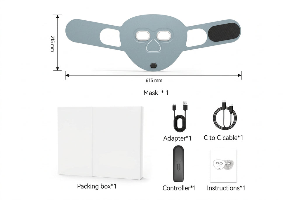 Red Light Mask in Light Blue, with what's in the box