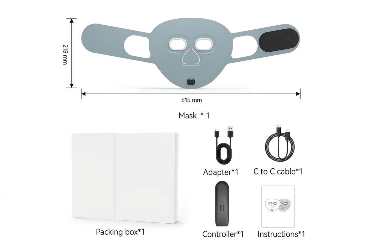 Red Light Mask in Light Blue, with what's in the box