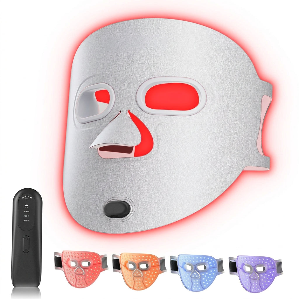 Six Thirty Red Light Mask lit red, with its controller and four light modes